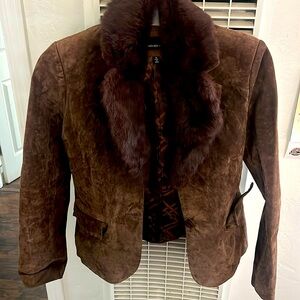 Leather Brown Jacket, Rabbit fur collar V-Neck. Size Medium